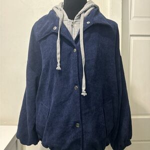 Blue Corduroy Jacket with Gray Hoodie